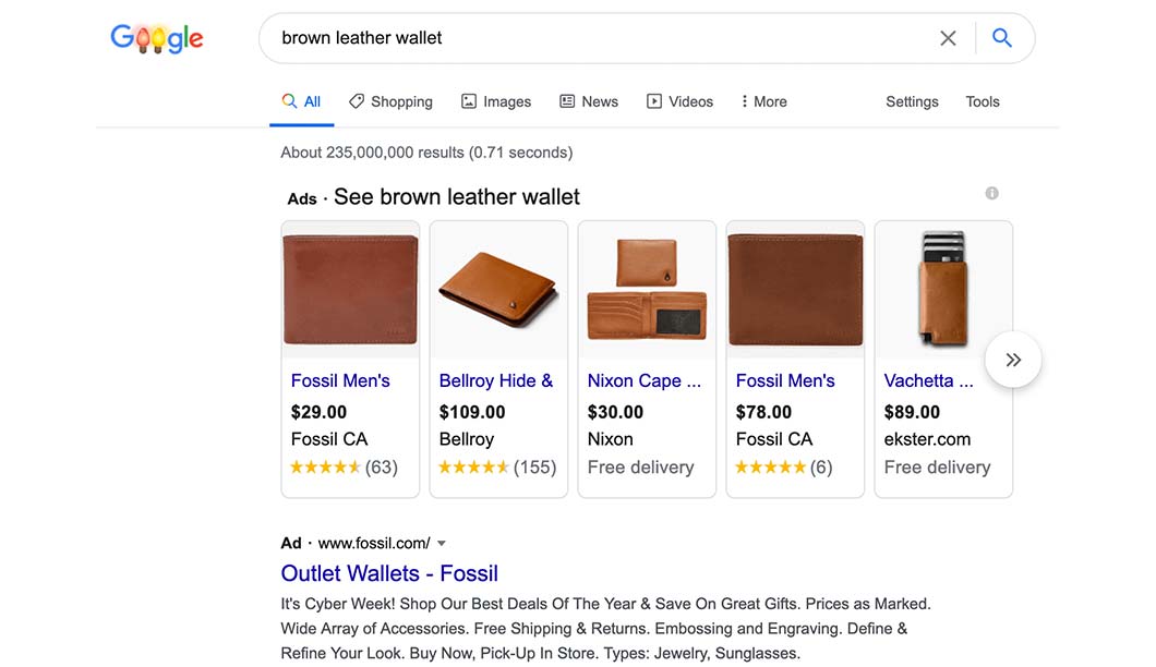Google Shopping uses information from data feeds to show products related to a user's Google search, like this one for “brown leather wallet.”