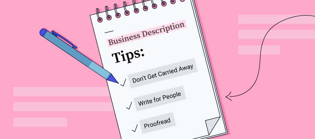 Notepad with the words “business description tips” at the top with 3 tips listed and a blue pen to the side