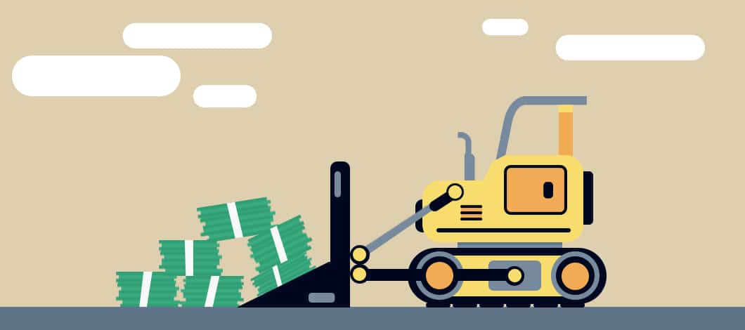 A bulldozer pushes a pile of dollar bills.